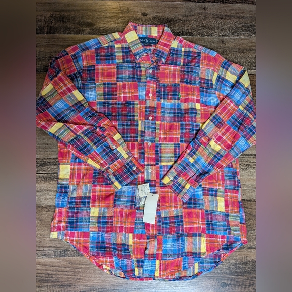 NWT Vintage Ralph Lauren Madras Patchwork Button Down Shirt Size Large 90s/Y2K - Picture 1 of 10